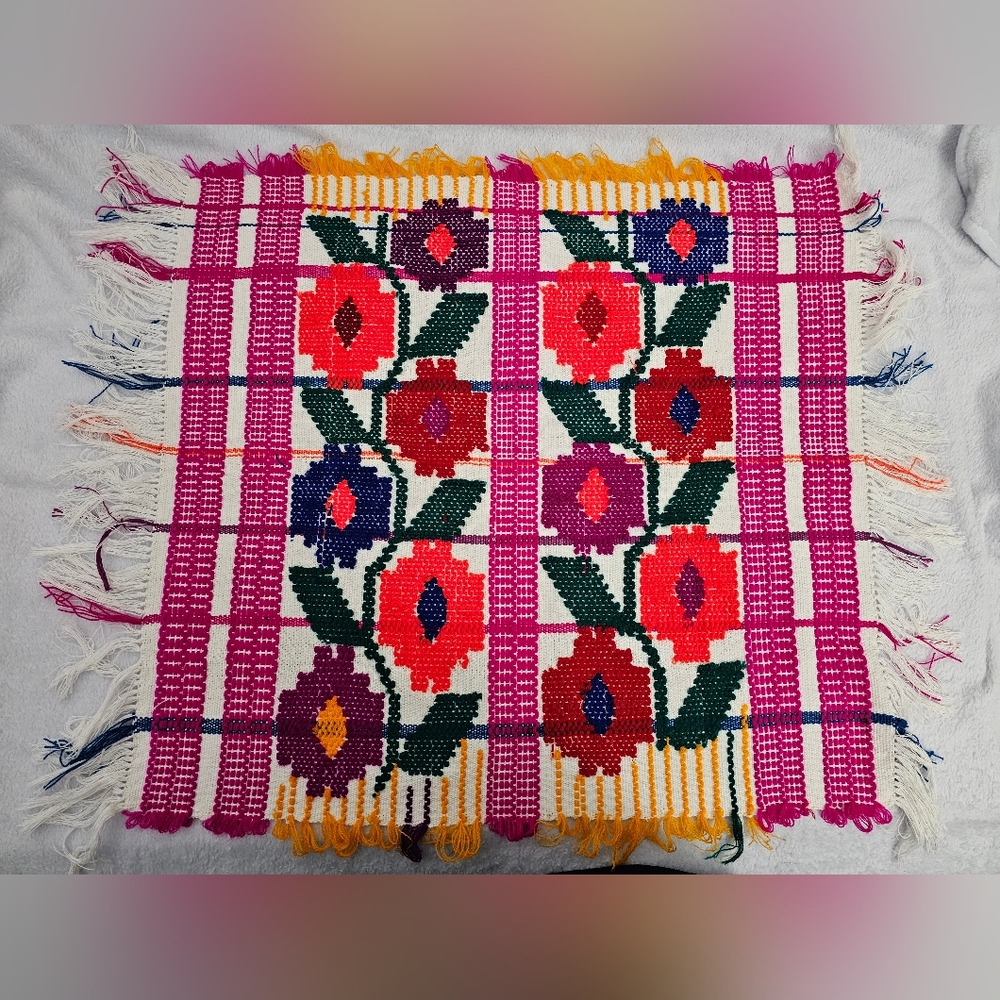 Handwoven Mexican Placemat/Servilleta/Table Decor w Colorful Floral Embroidery
